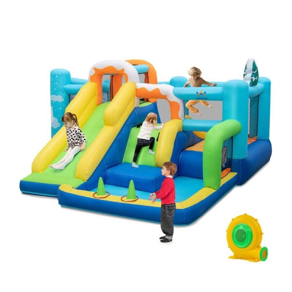 Costway Inflatable Bounce Castle 7-in-1 Jumping House w/ Long Slide & Blower Blue
