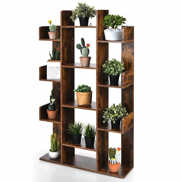 Costway Tree Bookshelf Tall Bookcase w/Open Shelves Corner Storage Organizer Cube Shelf Brown