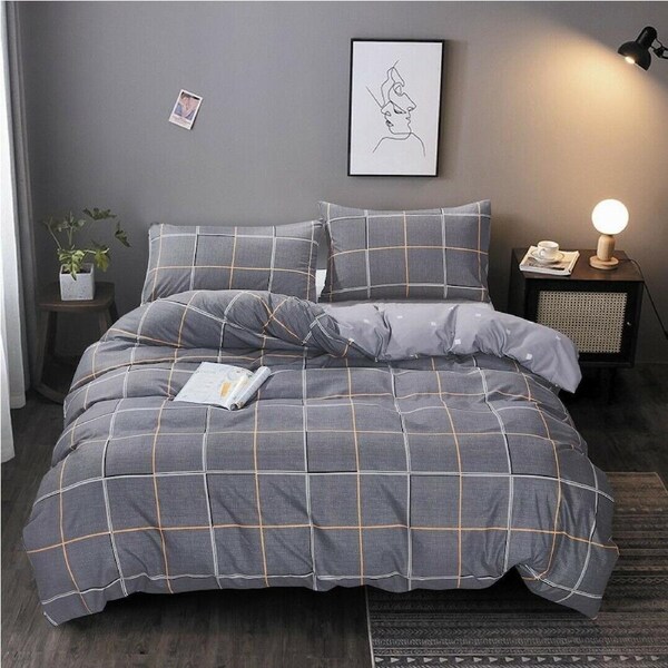 Grey Checked Quilt Doona Duvet Cover Pillow Case Set Single