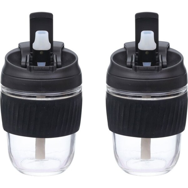 2x Kuvings Small Reusable Glass/Silicone Travel Coffee Cup Mug - 360ml - Black