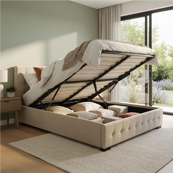 Levede Gas Lift Bed Frame with Storage, Fabric Finish Double / Fabric-Beige
