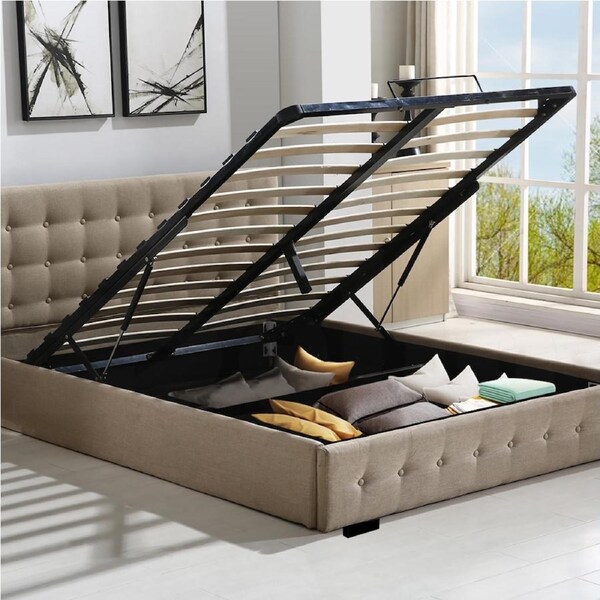 Levede Gas Lift Bed Frame with Storage, Fabric Finish Queen / Fabric-Beige