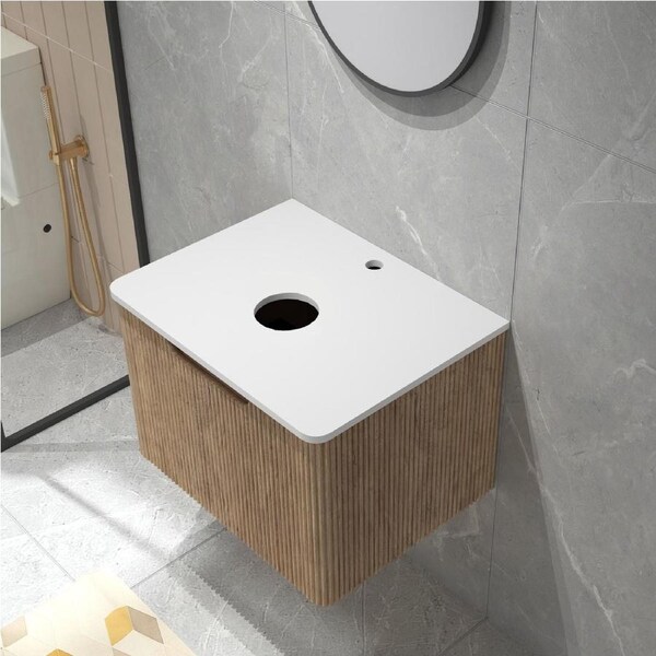 610x465mm Brown Bathroom Wall MDF Vanity Storage Drawer Cabinet White Stone Counter Top