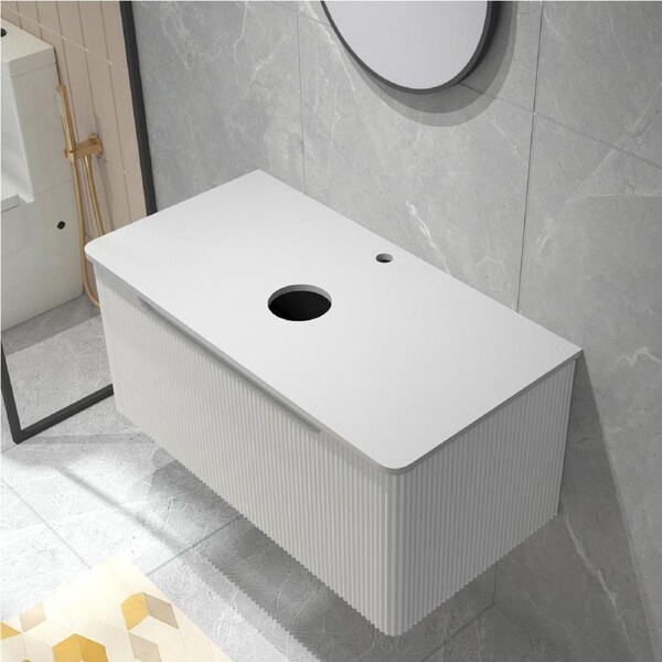 ACA Wall White Bath MDF Ripple Vanity Single Drawer White Stone Counter Top 910mm