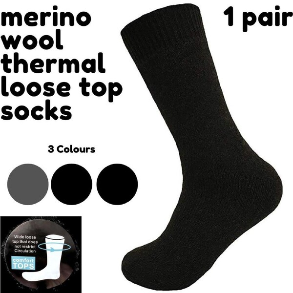 Merino Wool Mens Loose Top Thermal Socks Diabetic Comfort Circulation - 1 Pair Navy / 7-11