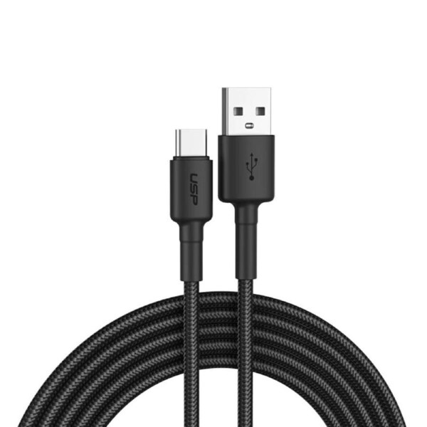 [6972890207040] USP 1m BoostUp Braided USB-C to USB-A Cable, Black - 3A Fast & Safe Charge