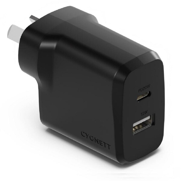[CY4773PDWCH] Cygnett PowerPlus 32W Dual Port 20W USB-C + 12W USB-A PD Fast Wall Charger Black