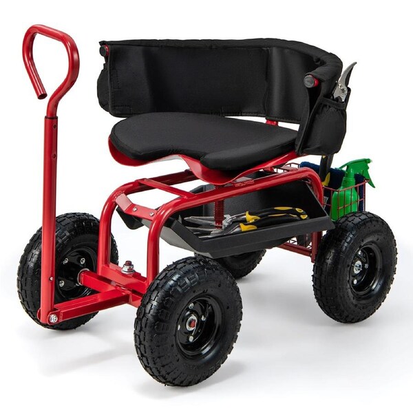 Costway Swivel Seat Garden Cart Rolling Scooter w/ Extendable Handle & Tool Storage Red
