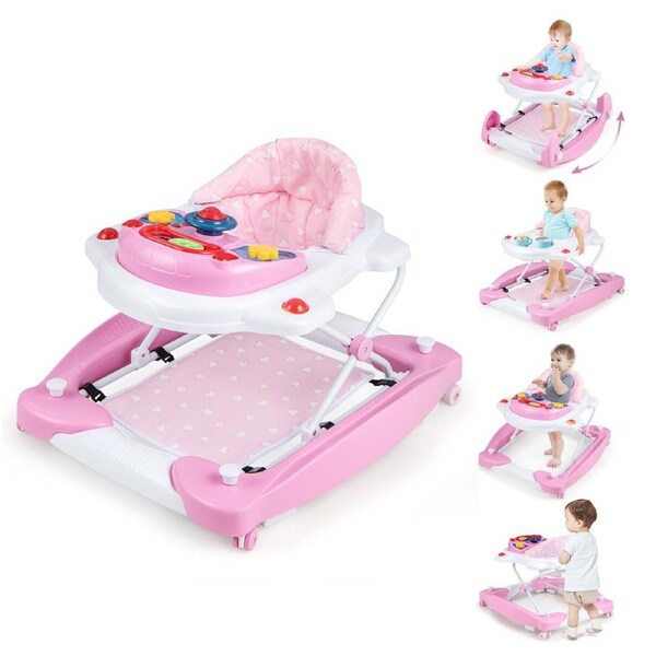 Costway Foldable Walker 6 in 1 Activity Center w/Detachable Music Tray Pink