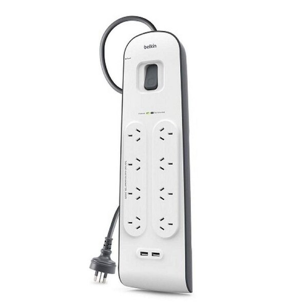 [BSV804au2M] Belkin 8 Outlet Surge Protection Strip with 2 port 2.4A USB Charging White/Grey