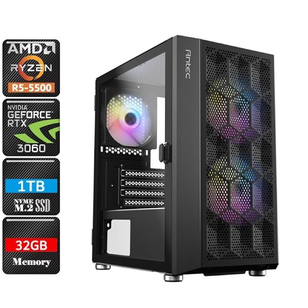 [5500-RTX3060-32G1S-NX200MR-NO] AMD Ryzen 5500 RGB Gaming PC System, 3060/32GB RAM/1TB NVMe SSD/WIFI6