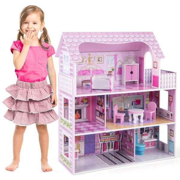 Babyjoy Wooden 3-Level Girls Doll House Kids Pretend Play Toys Furniture set w/8 PCS Accessories