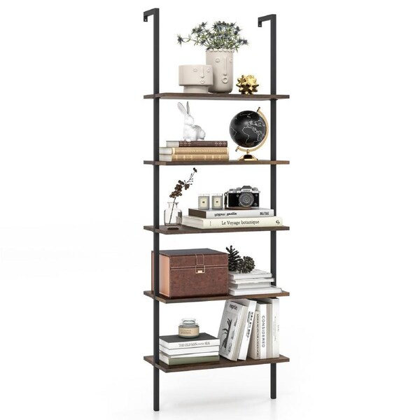 Costway 1.8m Ladder Shelf 5-Layer Display Storage Rack Wall Mounted Bookcase Home Office Brown