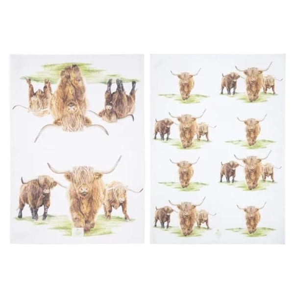 Ladelle Tea Towels Highland Herd Cotton Dish Cloths Set 2