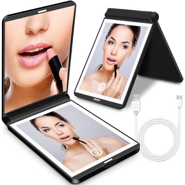 Newest Rechargeable Travel Mirror with Light, 1X/3X LED Magnification Mirror, Compact Mirror with Touch Switch, 2-Sided, 300° Folding, Handheld, Small Pocket Mirror (Black)