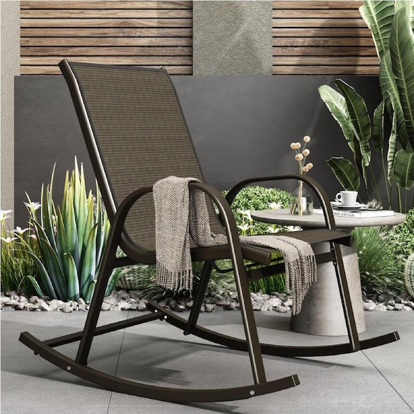 High-Back Steel Rocking Chair Brown Textilene Fabric