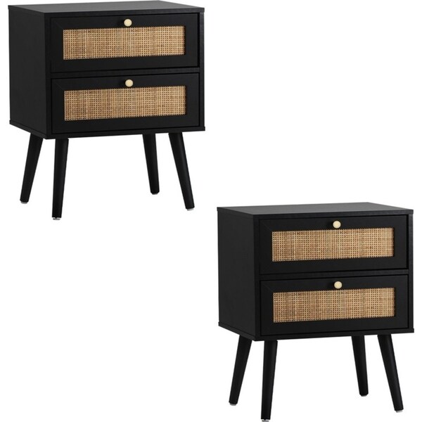 Oikiture 2X Bedside Table Side Table 2 Drawers Storage Cabinet Nightstand Rattan