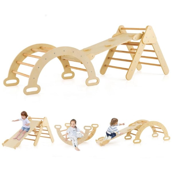 Babyjoy Climb Playset 3-in-1 Kids Climbing Toys Playset Wood Rocking Arch Slide Set w/Double Sided Ramp Natural