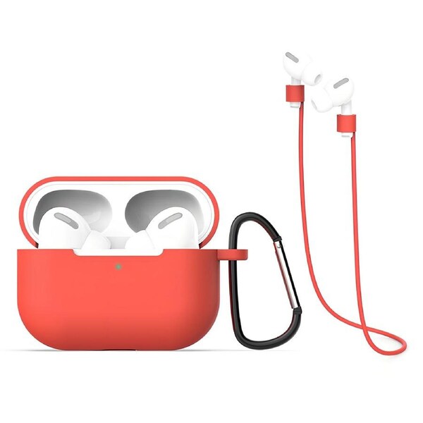 For AirPods Pro 1st Gen, 3in1 Silicone Protective Case, Snap Hook & Anti-Lost Neck Strap, Red