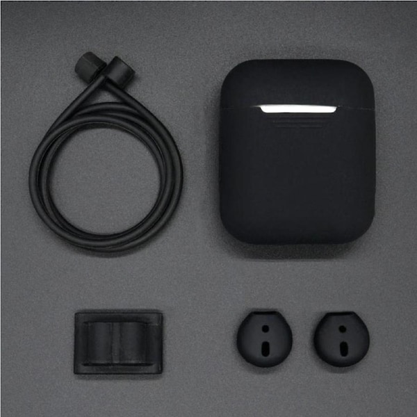 For AirPods 2nd Gen Case, 3in1 Silicone Protective Cover, Ear Clips & Anti-Lost Neck Rope, Black
