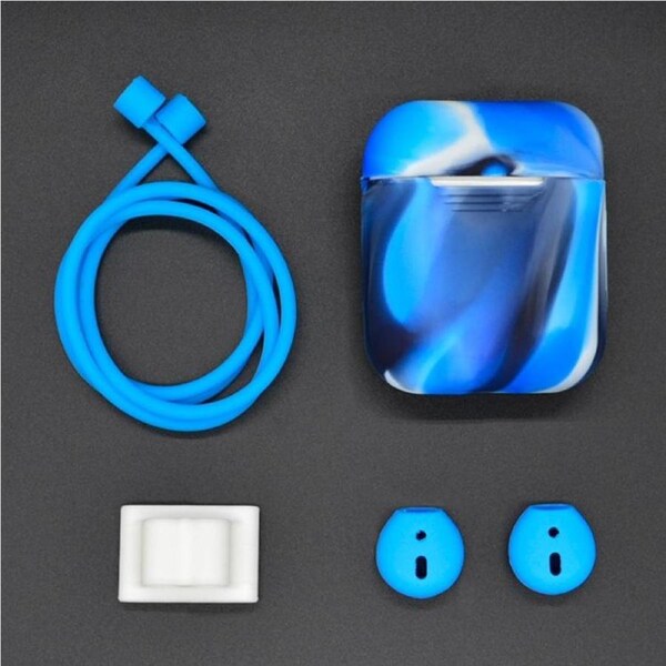 For AirPods 2nd Gen Case, 3in1 Silicone Protective Cover, Ear Clips & Anti-Lost Neck Rope, Blue