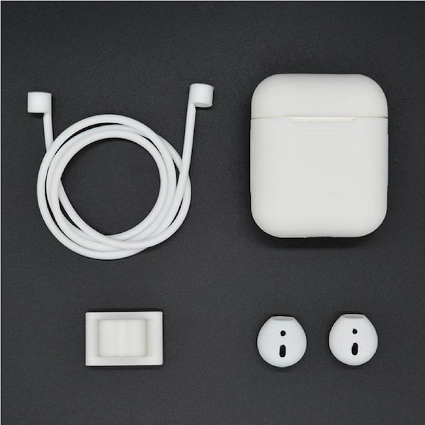 For AirPods 2nd Gen Case, 3in1 Silicone Protective Cover, Ear Clips & Anti-Lost Neck Rope, White