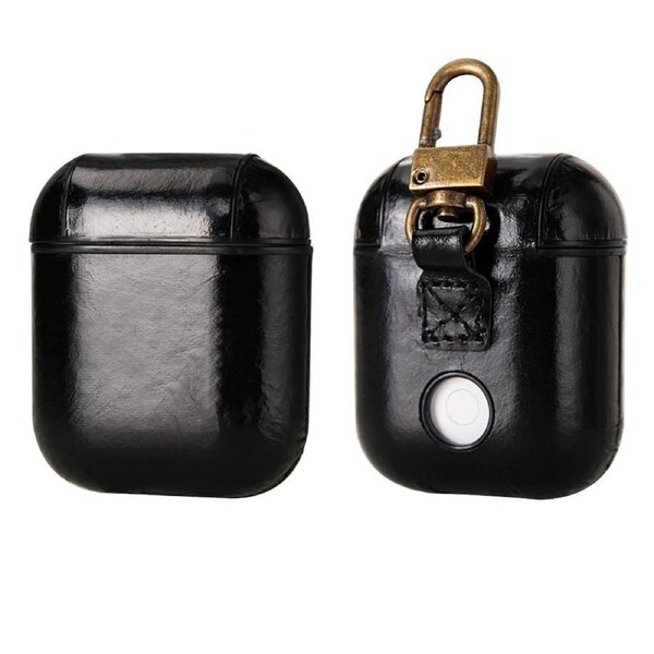 For AirPods 1st Gen Case, Genuine Leather Protective Cover, Snap Hook, Black