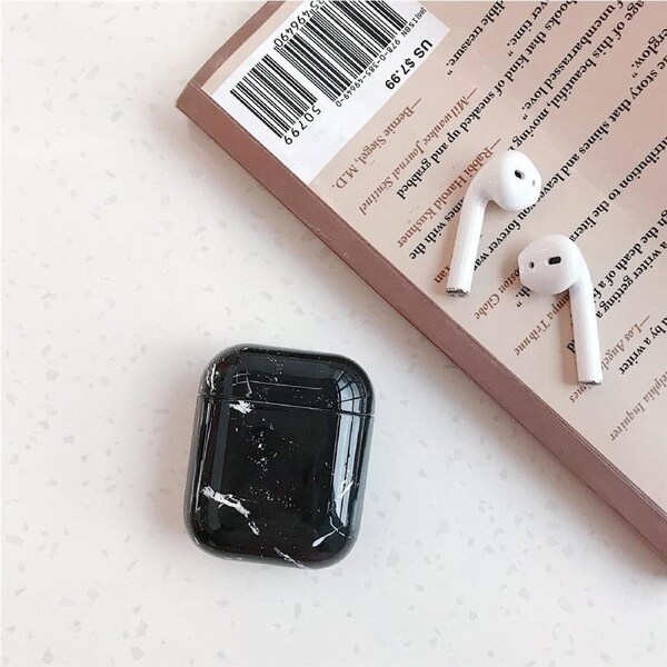For AirPods 1st Gen Case, Marble Pattern Protective Cover, Black