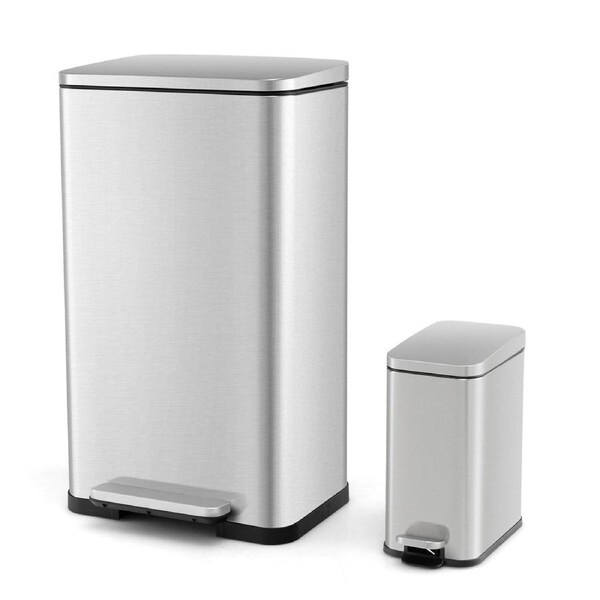 Costway 40L&6L Step Trash Can Set Stainless Steel Trash Bin Dustbin Silver