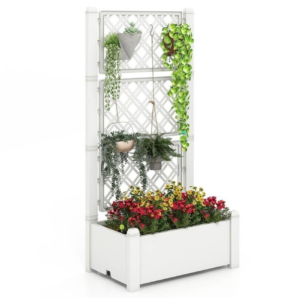 Costway Raised Garden Bed Planter Box Self-Watering Planter Stand w/3-Height Trellis White