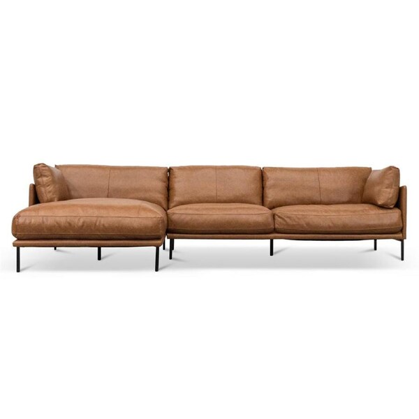 Emilis 4 Seater Left Chaise Leather Sofa - Caramel Brown