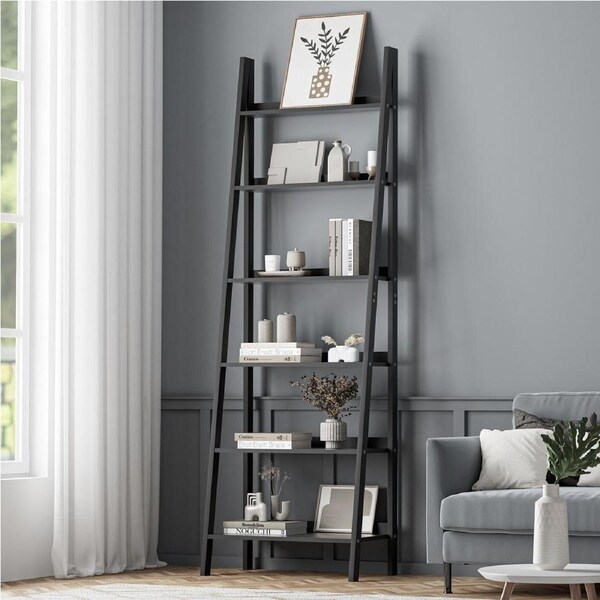 Oikiture Bookshelf 6 Tier Corner Ladder Shelf Home Storage Display Rack Black