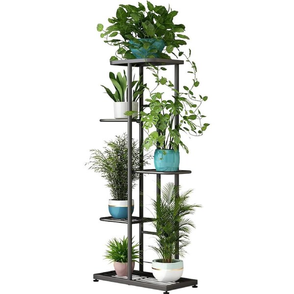 DelSol Plant Stand Metal 5 Tier 6 Potted Multiple Flower Pot Holder Shelf Indoor Outdoor Planter Display Shelving Unit for Patio Garden Corner Dark Grey