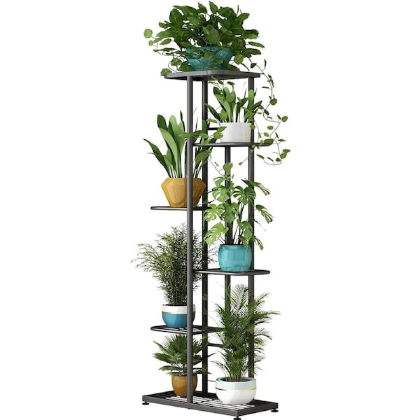 DelSol Plant Stand Metal 6 Tier 7 Potted Multiple Flower Pot Holder Shelf Indoor Outdoor Planter Display Shelving Unit for Patio Garden Corner Dark Grey