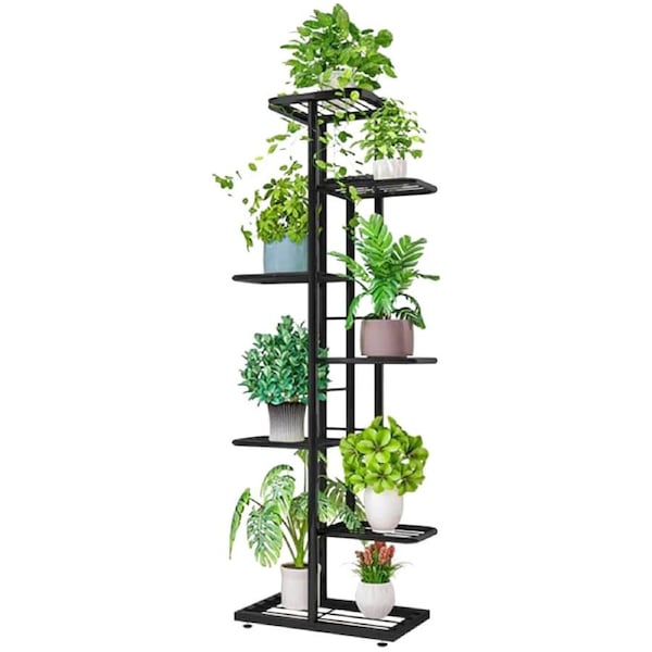 DelSol Plant Stand Metal 7 Tier 8 Potted Multiple Flower Pot Holder Shelf Indoor Outdoor Planter Display Shelving Unit for Patio Garden Corner Dark Grey