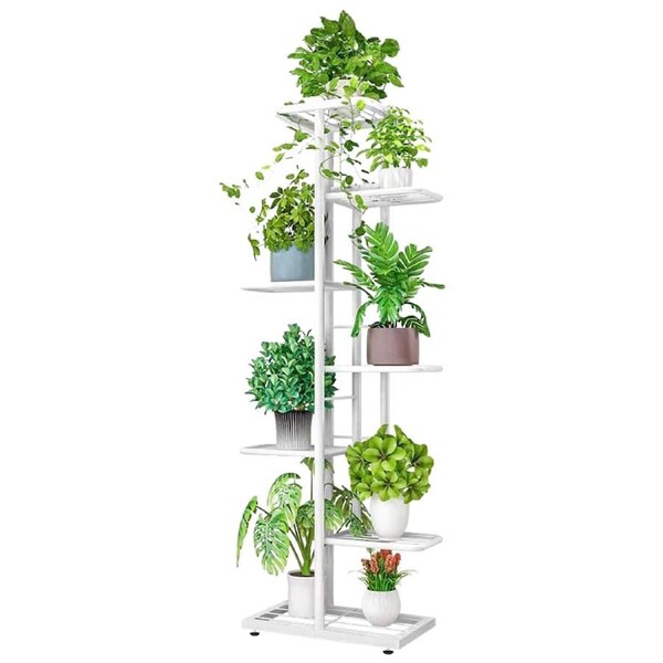DelSol Plant Stand Metal 7 Tier 8 Potted Multiple Flower Pot Holder Shelf Indoor Outdoor Planter Display Shelving Unit for Patio Garden Corner White