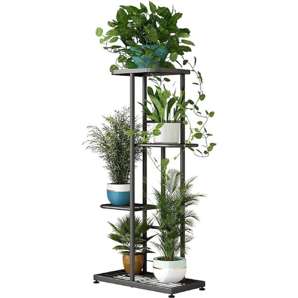 DelSol Plant Stand Metal 4 Tier 5 Potted Multiple Flower Pot Holder Shelf Indoor Outdoor Planter Display Shelving Unit for Patio Garden Corner Dark Grey