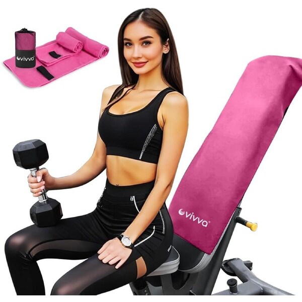 Vivva 2PC Set Microfibre Hooded Gym Towel with Zip Pocket, Quick Dry Super Absorbent Sweat Towel for Exercise Bench Training Workout, Lightweight for Fitness Sports, Beach, Travel, Camping (Hot Pink)