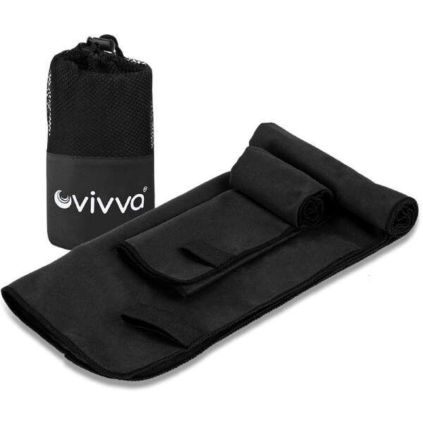 Vivva 2PC Set Microfibre Hooded Gym Towel with Zip Pocket, Quick Dry Super Absorbent Sweat Towel for Exercise Bench Training Workout, Lightweight for Fitness Sports, Beach, Travel, Camping (Black)