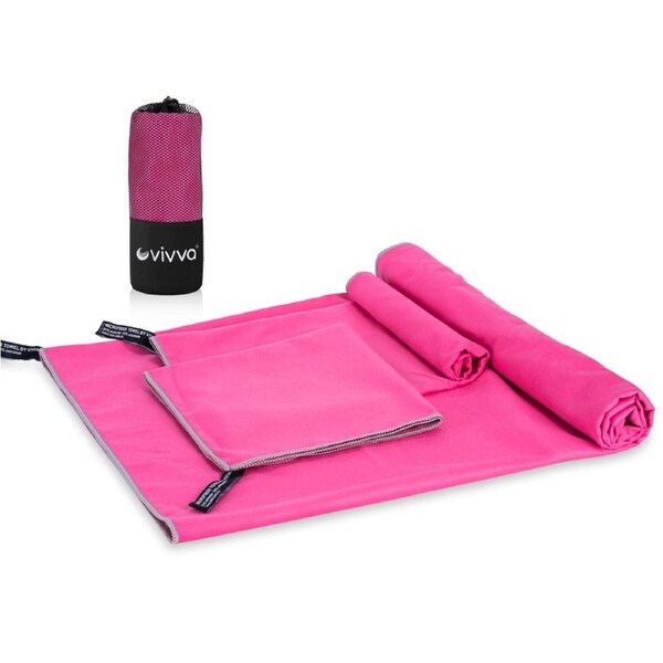 Vivva Microfibre Beach Towel Travel Bath Towels Sports Gym Quick Drying 3pcs Set Hot Pink