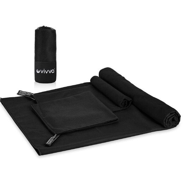 Vivva Microfibre Beach Towel Travel Bath Towels Sports Gym Quick Drying 3pcs Set Black