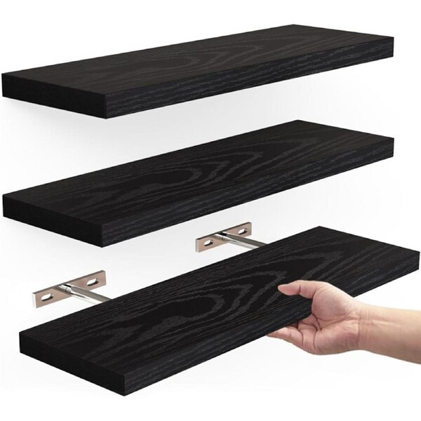 DelSol Floating Wall Shelf Set of 3 DIY Mount Wooden Book Display Rack Black