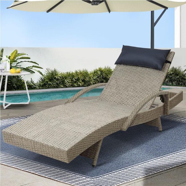 Gardeon Sun Lounge Outdoor Furniture Setting Wicker Lounger Day Bed Rattan Patio Grey & Beige