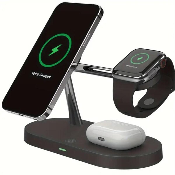 TIMESS-3 In 1 Black Magsafe Magnetic Wireless Charger Stand With Night Light IPhone Fast Charging Station Airpods Pro And IWatch