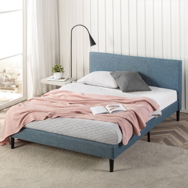Zinus Fabric Bed Frame Queen Double Size Base Upholstered Light Blue Queen