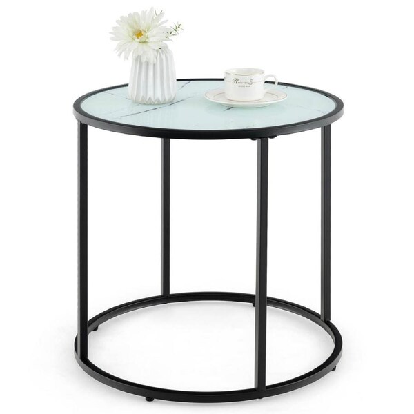 Giantex 50cm Round Side Table End Table w/Faux Marble Glass Top End Table Modern Coffee Accent Table Nightstand