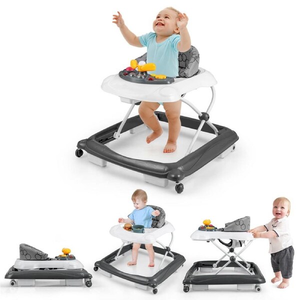 Babyjoy Foldable Baby Walkers Stroller Height Adjustable Toddler Activity Equipment w/Removable Music Tray Grey