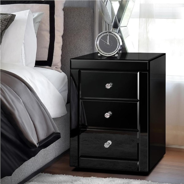 ALFORDSON Mirrored Bedside Table Cabinet Nightstand Side End Table Drawers FREYA Model Freya - 3 Drawers(Black)