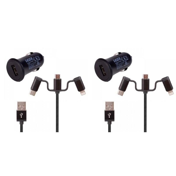 2x Laser 2.4A USB Car Charger w/ 3in1 Charging Cable 50cm For iPhone/Samsung BLK