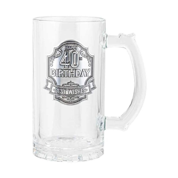 40th Badge Beer/Cider Glass Drinking Stein Drink Mug Birthday Gift Clear 450ml